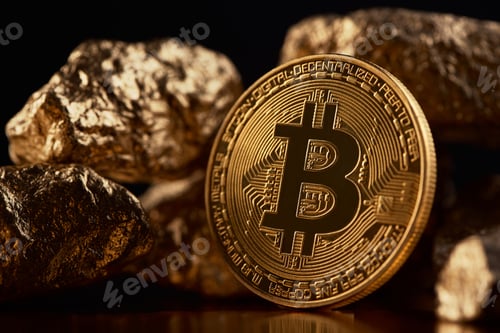 Preview: Golden bitcoin as main digital currency worldwide presented on black background with gold lamps