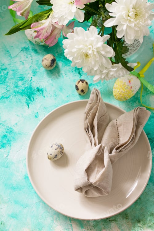 Preview: Holidays Easter table Setting with spring flowers.