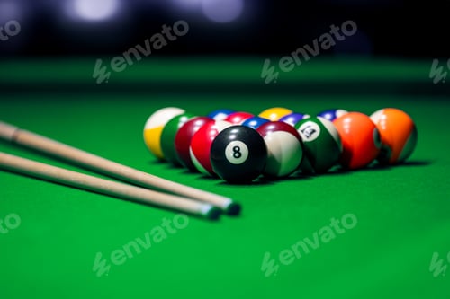 Preview: Many colorful billiard balls and cue on green table