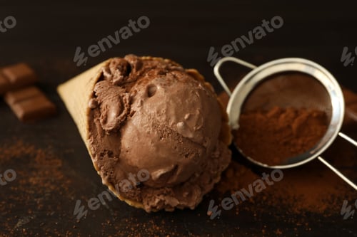 Preview: Delicious chocolate ice cream in wafer cone served on wooden table, closeup