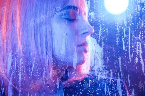 Preview: Eyes are closed. Stylish woman with white hair is behind wet transparent plastic sheet