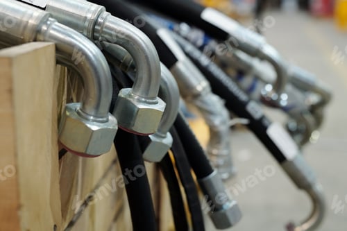 Preview: Row of new metallic details for huge industrial machines hanging over wooden box