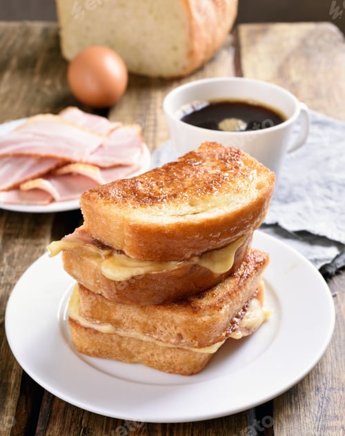 French Toast Sandwich Stack with Coffee and Ham