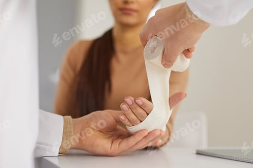 Preview: Doctor or nurse at a medical office applying a bandage on a patient's sprained wrist
