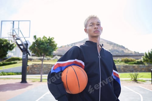 Preview: Basketball, sports court and portrait of man ready for workout, training or game with serious facia