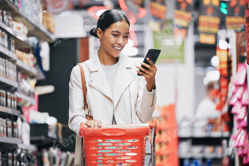 Preview: Phone, 5g internet and grocery shopping Indian woman reading a funny text or social media content.