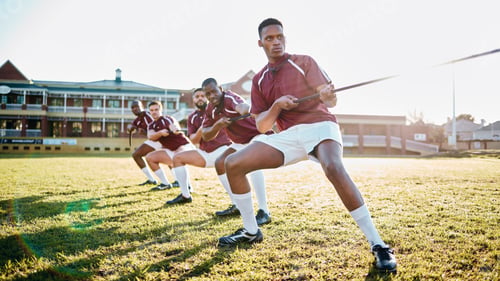 Preview: Sports, teamwork and tug of war, men at fitness training and practice for competition or game on fi