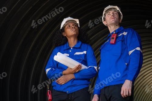 Preview: Two Heavy Industry Engineers Walking Inside Pipe Checking Welding. Construction