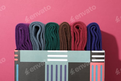 Preview: Multicolored high socks on a pink background.