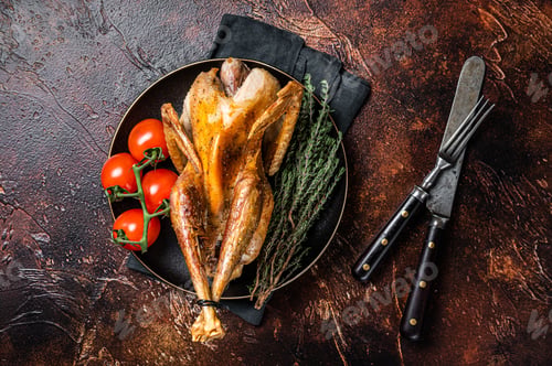 Preview: Roast guinea fowl with herbs and spices, cooked game bird. Dark background. Top view