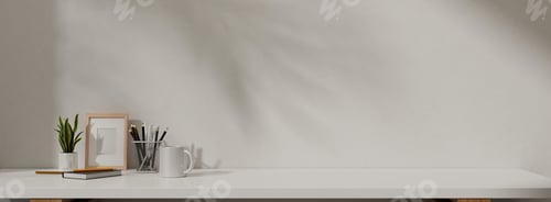 Preview: 3D rendering with copy space of office desk coffee, pencil, book and photo frame