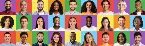 Preview: Multiracial people faces mosaic. Set of various men and women portraits smiling and posing over