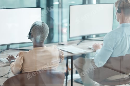 Preview: Call center, customer service and computer mockup screen with telemarketing workers consulting onli