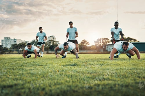 Preview: Full length shot of a group of young rugby players training with bands on the field during the day