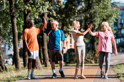 Preview: happy multicultural group of retired men and women giving high five in park