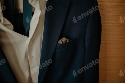 Preview: Closeup shot of the groom's suit hanging from the wall