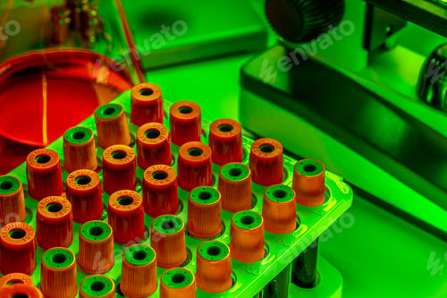 Preview: Close up photo of microscope with test tubes with blood samples