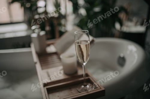 Preview: Luxury interior eco style modern bathroom with oval bathtub and champagne glass at natural lighting