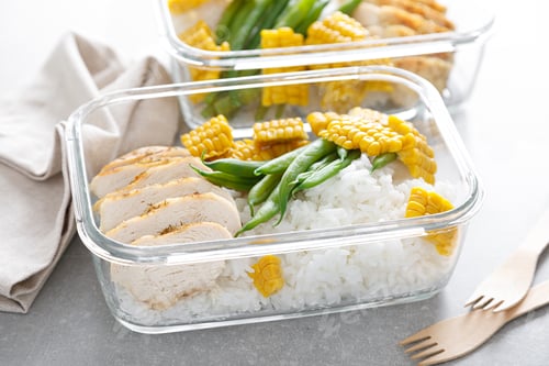 Preview: Lunch box containers with grilled chicken, rice and green beans with corn