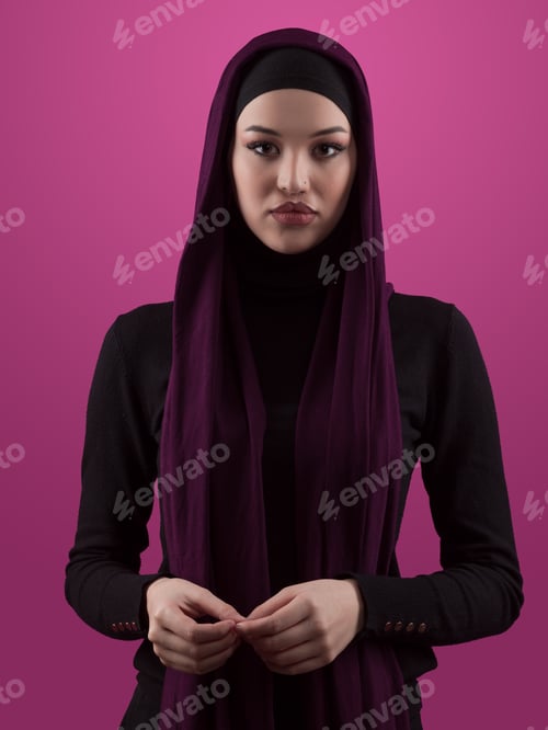 Preview: Modern Muslim woman wearing stylish hijab casual wear isolated on pink background. Diverse people