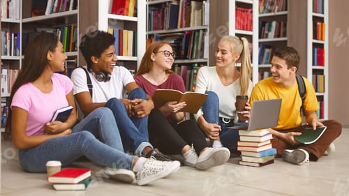 Preview: Group of teenage friends having conversation while preparing for exams