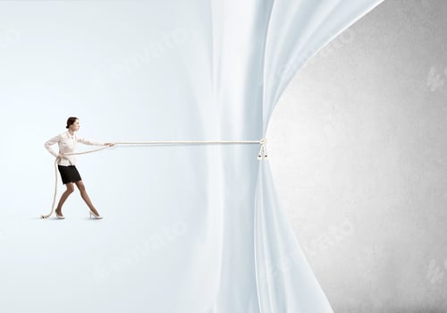 Preview: Young Businesswoman Pulling Curtain With Rope. Place For Text