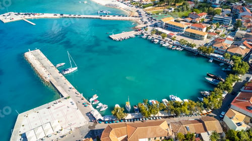 Preview: Aerial view of the port of the coastal town of Vasiliki the south of the island of Lefkada. Greece