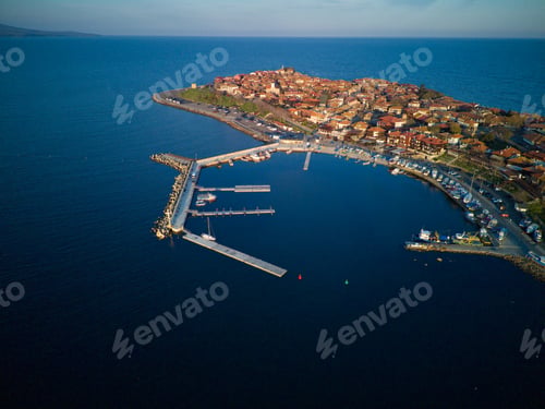 Preview: iew from a height of the city of Nessebar with houses and parks washed by the Black Sea in Bulgaria