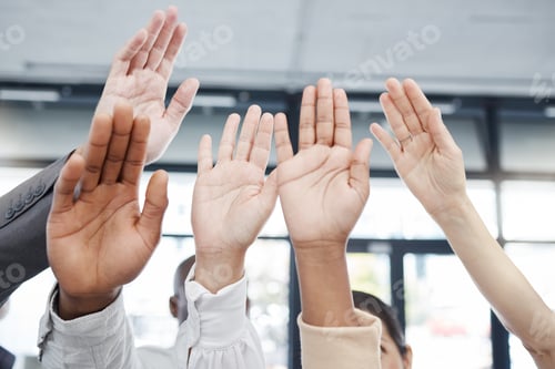 Preview: Hands, teamwork and motivation with a business man and woman group raising a hand in unity or solid
