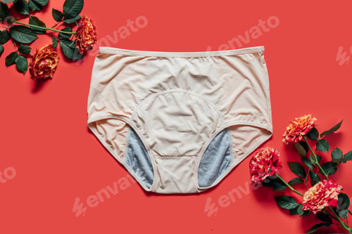 Preview: Reusable Period Underwear with rose flower on red background.