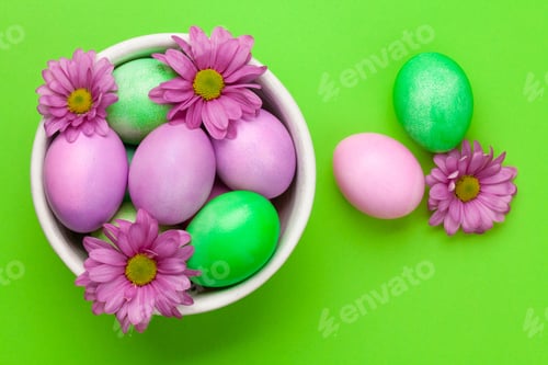 Preview: Easter greeting card with colorful easter eggs and flowers