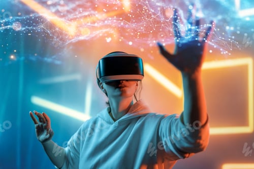 Preview: Woman with VR virtual reality goggles