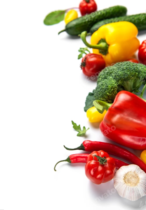 Preview: Fresh organic vegetables creating healthy eating concept on white