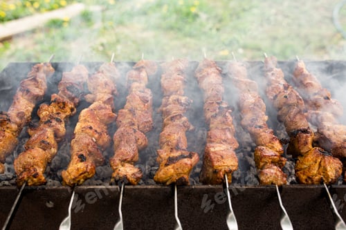 Preview: Tasty barbecue skewer with pork meat on brazier with smoke