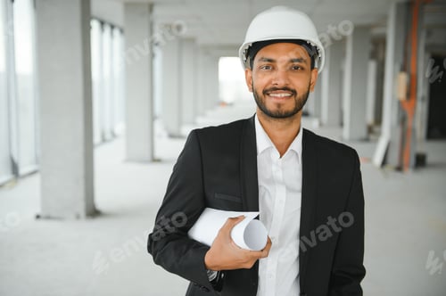 Preview: Indian construction site manager standing wearing helmet, thinking at construction site.