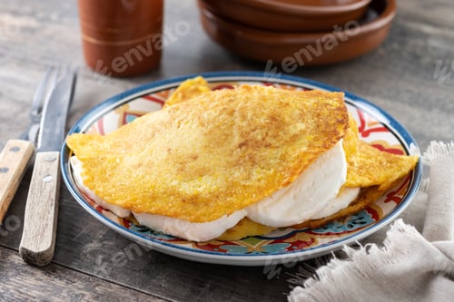 Preview: Traditional Venezuelan beef cachapa on wooden table