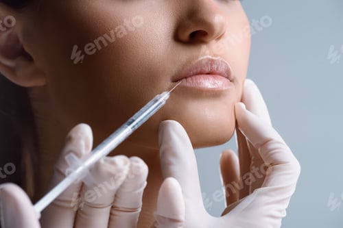 Preview: Portrait of attractive woman getting botox injection isolated on white