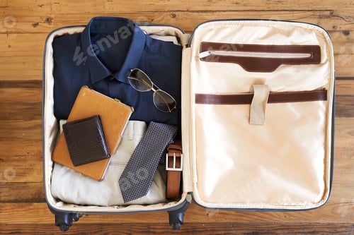 Preview: High angle shot of a suitcase packed with various essentials for a traveling businessman