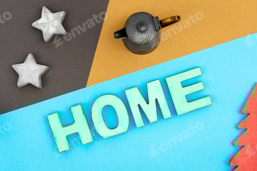 Preview: Minimal composition with word home flat lay.