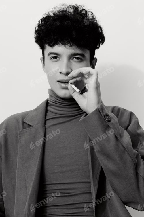 Preview: Cigarette man and white student fashion smoking thoughtful sitting black portrait expression hipster