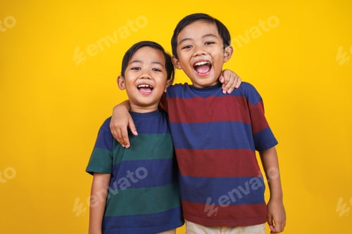 Preview: Joyful Children Sharing Laughing Together in Bright Yellow Background