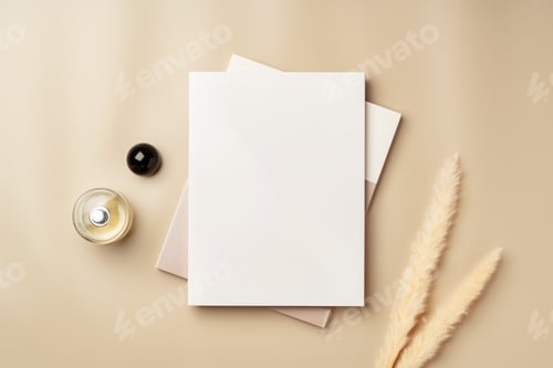 Preview: Blank stack of paper on beige background top view
