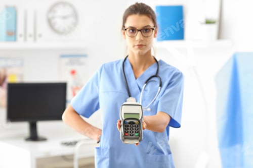 Preview: Female doctor standing in her office with payment terminal