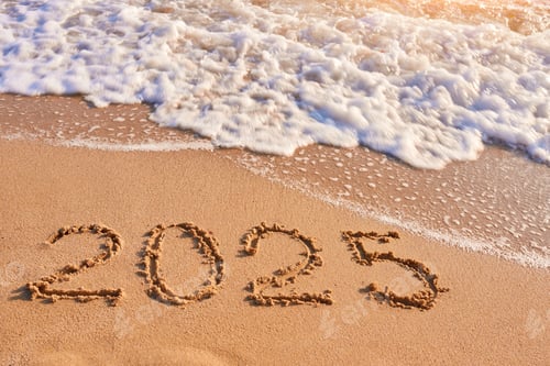 Preview: 2025 year written on sandy beach sea at sunny day