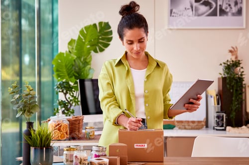 Preview: Woman Running Online Business From Home Packing And Labelling Boutique Candles Ready For Shipping