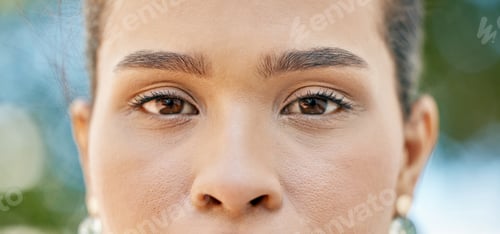 Preview: Face portrait, eyes and indian woman outdoor for vision, health and wellness in nature with makeup,