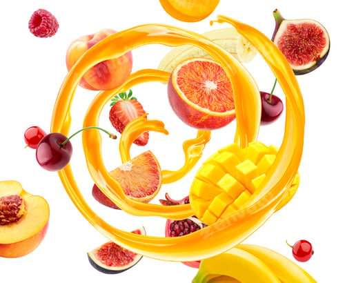 Preview: Orange juice spiral splash with flying fruits isolated on white background
