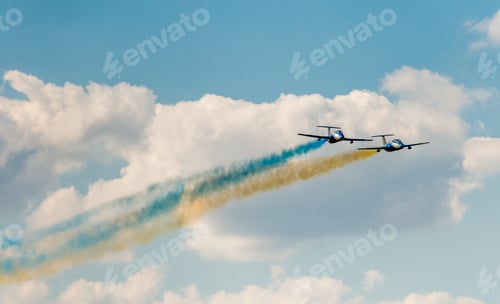 Preview: airplanes in the sky with colorful smoke of ukrainian flag