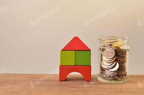 Preview: Wooden toy house stack of coins in the glass jar