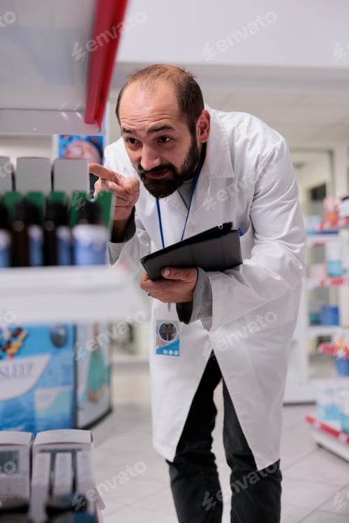 Preview: Drugstore worker doing medicaments inventory checking drugs packages typing bar code